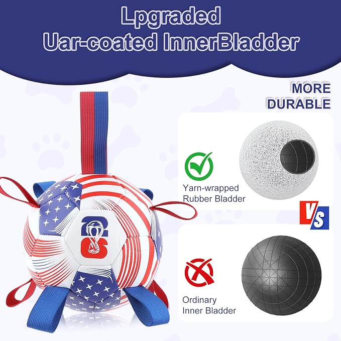 Dog Toys Balls, Dog Soccer Ball with Straps, Dog Birthday Gifts, Durable Balls for Small Medium Pet, Puppy Outdoor Toy, Pet Training Soccer Ball, World Cup Soccer (7.25 Inch) (U.S.A, Large)