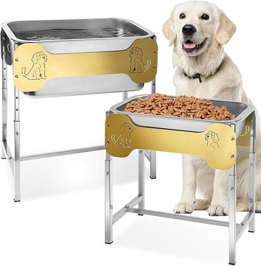 2-Pack Elevated Dog Bowls for Large Breed, 3 Gallon Large Water Bowl and 1.5 Gal Food Bowl Set with 6-Height Adjustable Stand, Raised Dog Feeding Station with Stainless Steel Bowls for Indoor&Outdoor