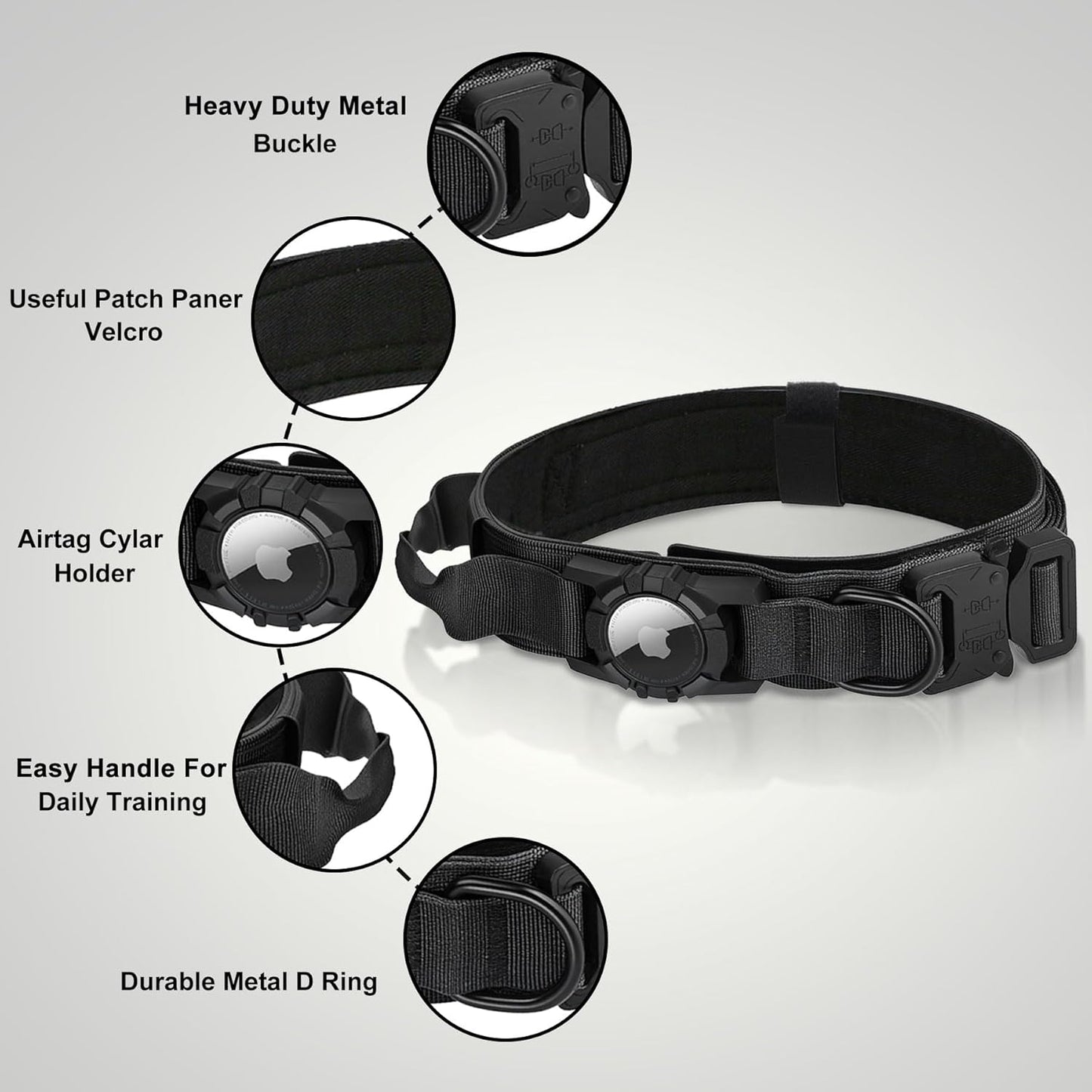 Waterproof Tactical Dog Collar with AirTag Holder - Heavy Duty Adjustable Collar for Medium to Large Dogs, Control Handle & Apple AirTag Compatible [Black,