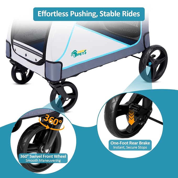 Ownpets Extra Large Dog Stroller for Large Breeds, 154 lbs Capacity, Black | Low 12" entry, one-click fold, all-terrain rubber wheels, spacious 38"x28" cabin, waterproof, safety tether