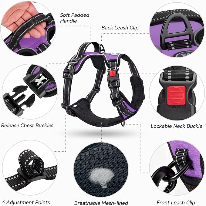 PoyPet No Pull Dog Harness Large with Front Clip & Neck Release Buckle | No Choke, Adjustable Vest, Reflective, Back Clip, Lockable, Soft Padded, Easy Control Handle for Walking Training, XL, Purple