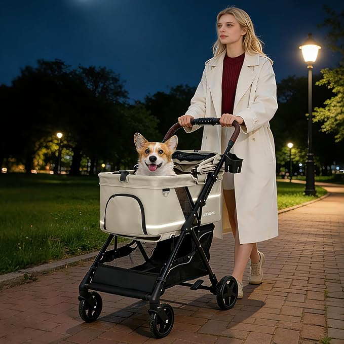 No-Zip Pet Stroller for Small Dogs & Cats, 44 lb, White | No-Zip Canopy, 44 lb Capacity, Reflective Trim, 2 Tethers, Lockable Front Wheels, Rear Brake and One-Hand Fold