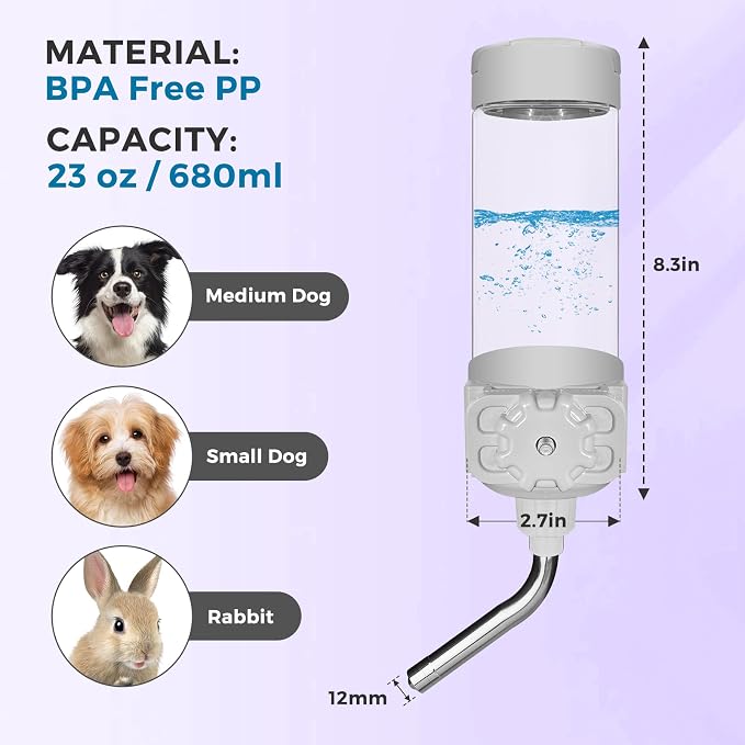 VANNON Top Fill Dog Water Dispenser for Cage, 23oz Auto Feeding Crate Water Bottle for Dogs, Cats & Rabbits, Pet Nozzle Diameter: 12mm, BPA Free, Grey