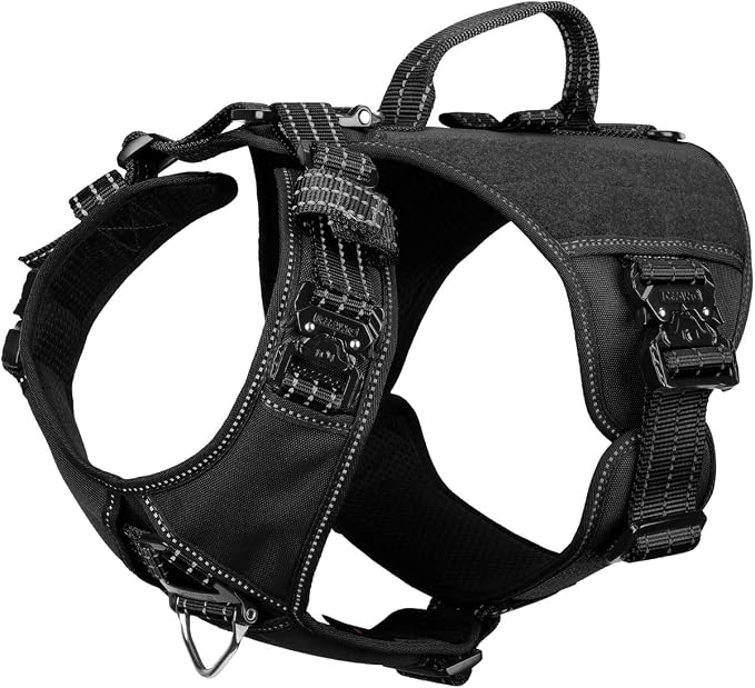 ICEFANG Quick-Moving Tactical Dog Harness for Large Dogs,No Pull Dog Vest | Control Handle,Reflective,Full Metal Buckles,Adjustable,Hook-and-Loop Panel,Soft Padded,Black,Large