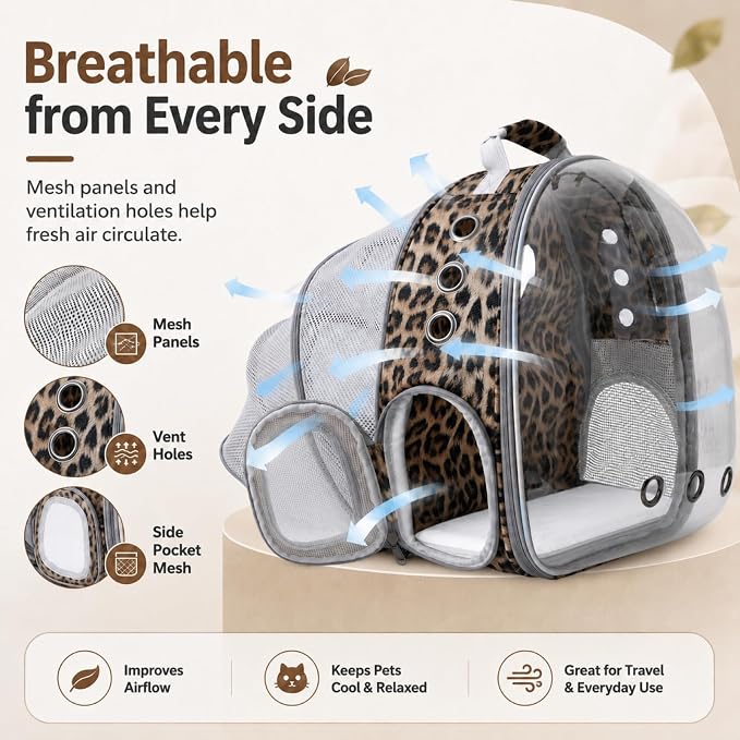 Expandable Cat Carrier Backpack for Cats & Dogs, Bubble Window Pet Travel Backpack with Breathable Mesh, Anti-Collapse Structure, Side Door, Safety Leash, for Vet Visits, Hiking, Outdoor, Animal