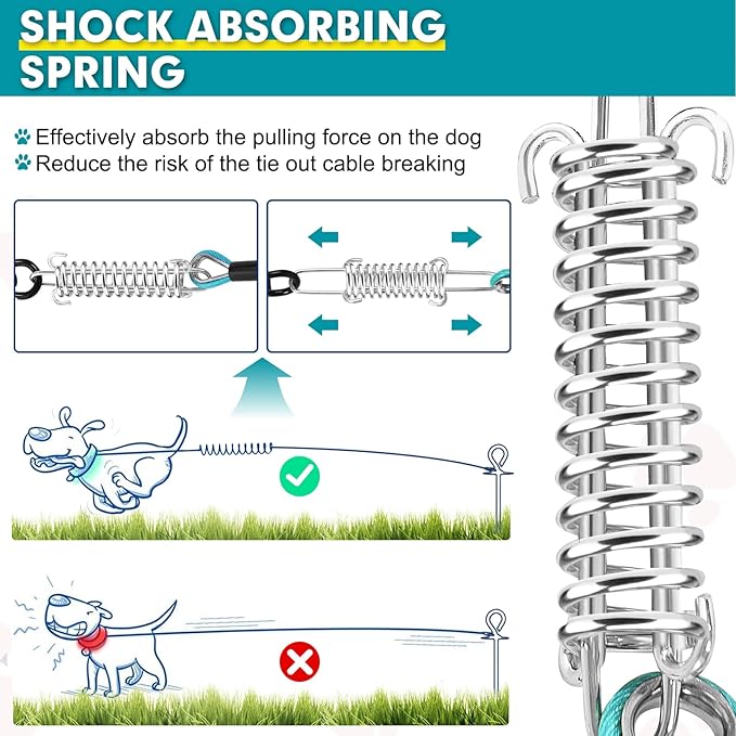 Snagle Paw 10FT Tie Out Cable for Dogs-1000LBS Break Strength,Heavy Duty Dog Leads for Yard with Shock Absorbing Spring & Swivel Hook,Dog Leash Cable for Outside,Dog Line Tether for Small Large Dogs