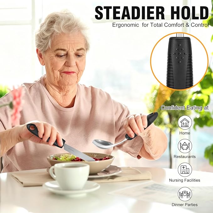 45°Angled Adaptive Utensils for Elderly, 2.9 oz Weighted Silverware for Hand Tremors, 4 Pack Built Up Utensils for Adults,Weak Hand Grip & Arthritis (Left-Handed)