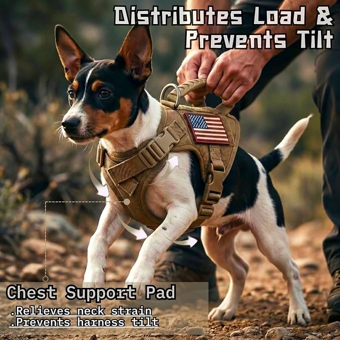 Tactical Dog Harness for Small Dogs, XS Puppy Harness with Handle, No Pull Adjustable Military Vest, Soft Chest Support Pad, D-Ring, Molle Loop Panels, 2 Patches, Khaki