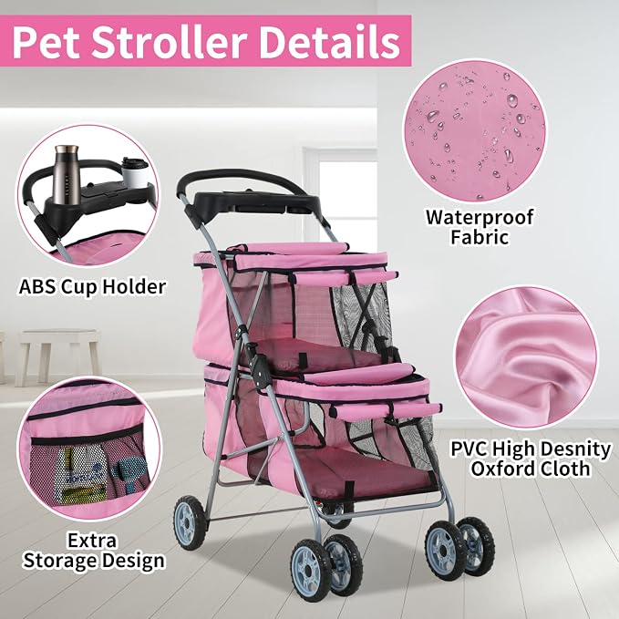 Dog Stroller 4 Wheels Cat Stroller Double Layer Pet Strollers Pet Carriers Jogger Strollers for Medium Dogs Cats Travel Camping Strolling Cart with Cup Holder Removable Liner, Pink