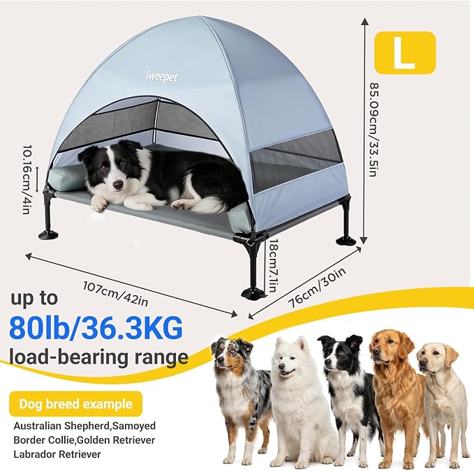 iweepet 4 in 1Elevated Dog Bed with Removable Canopy & Bolster Pillows for Medium & Large Dog, Cooling Raised Outdoor Dog Bed with Breathable Teslin Mesh,Carry Bag for Camping, Patio, Backyard, 42''