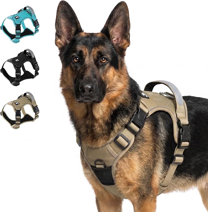 Tactical Dog Harness for Small Dogs, Reflective No Pull Vest with Handle | 3 Point Locking Buckles, Dual Leash Clips, Handle, Reflective Strips, Hook & Loop Panel, Metal D Ring, Adjustable (Khaki)