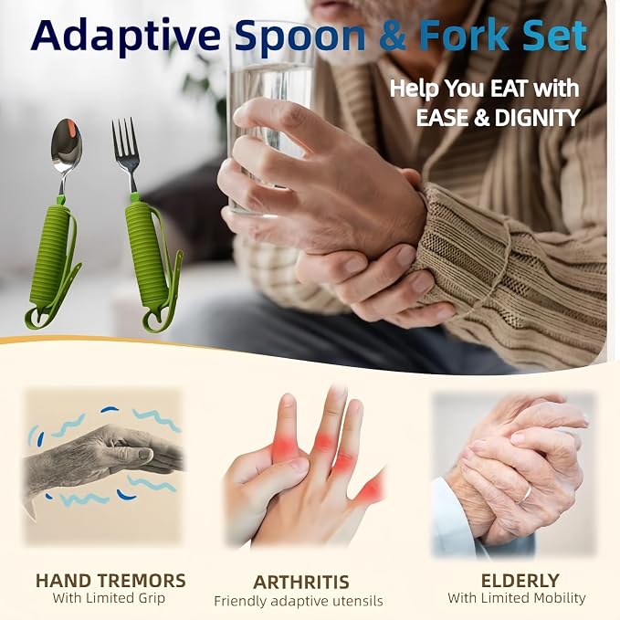 2PK Weighted Spoon & Fork Set - Lime Green Hollow Silicone Grip with Secure Strap, 45° Adjustable for Left/Right Handed, Fillable Weight Up to 7 Oz, for Hand Tremors Parkinson’s Elderly