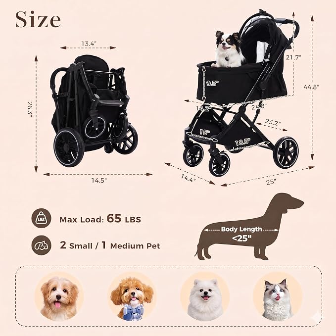 MUTTROS Pet Stroller for Small Medium Dogs & Cats Up to 66lbs, One Click Fold Dog Stroller, Large Cat Stroller w/All Terrain Shock Absorbing Wheels, Reversible Handle, Removable Washable Pad, Black
