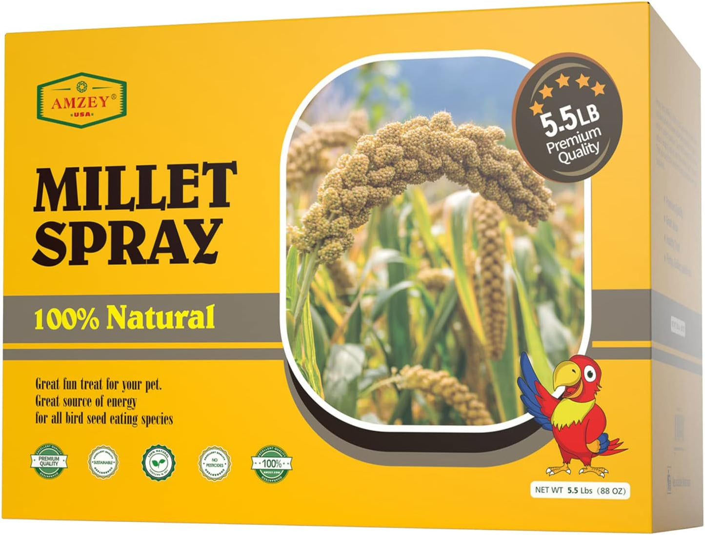 Amzey 5.5 LB Spray Millet for Parakeets, 100% Natural Dried Millet Grain for Birds, Non-GMO Bird Treat for Cockatiel, Finches, Parrots & Lovebirds