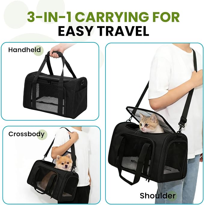 Soft-Sided Cat Carrier Expandable Pet Carrier Airline Approved Mesh Travel Carrier Up to 15lbs for Cats Small Dogs Collapsible Escape-Proof with Shoulder Strap Washable (18x11x11 Black)