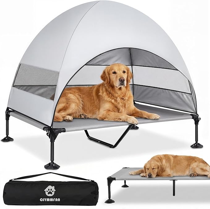 Elevated Dog Bed with UV-Proof Canopy, Outdoor Dog Tent with Powerful Adjustable Feet, Portable Pet Cot with Wider Shade, Raised Cooling Bed for Camping, Patio, Beach, Poolside