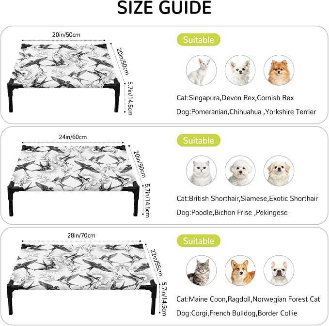 Outdoor Elevated Dog Bed for Small Dogs, Birds Leaves Breathable Cooling Raised Dog Cot for Indoor/Outdoor, Spring Farmhouse Botanical Animals Vines Waterproof Elevated Pet Beds, S 20 x 20 in