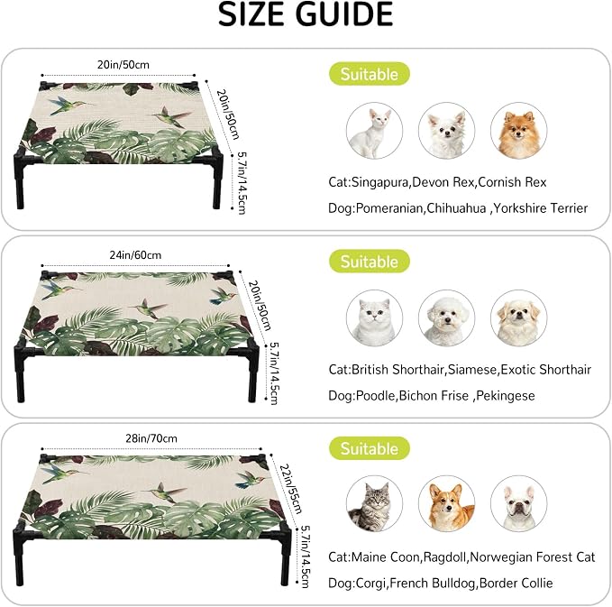Outdoor Elevated Dog Bed for Small Dogs, Summer Hummingbirds Breathable Cooling Raised Dog Cot for Indoor/Outdoor, Tropical Palm Leaves Farmhouse Rustic Waterproof Elevated Pet Beds, S 20 x 20 in