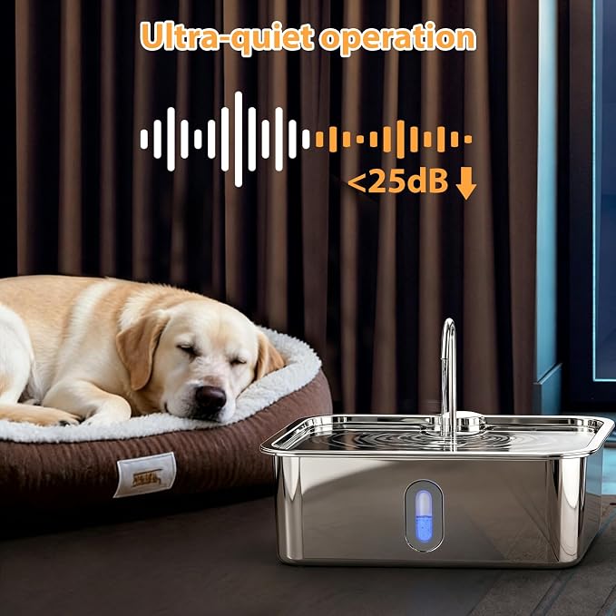 Dog Water Fountion for Large Dogs,15L/4 Gal Stainless Steel Automatic Pet Water Dispenser,Ultra Quiet Dog Fountain Water Bowl with Water Level Window & LED Light, Include 6Set Filter