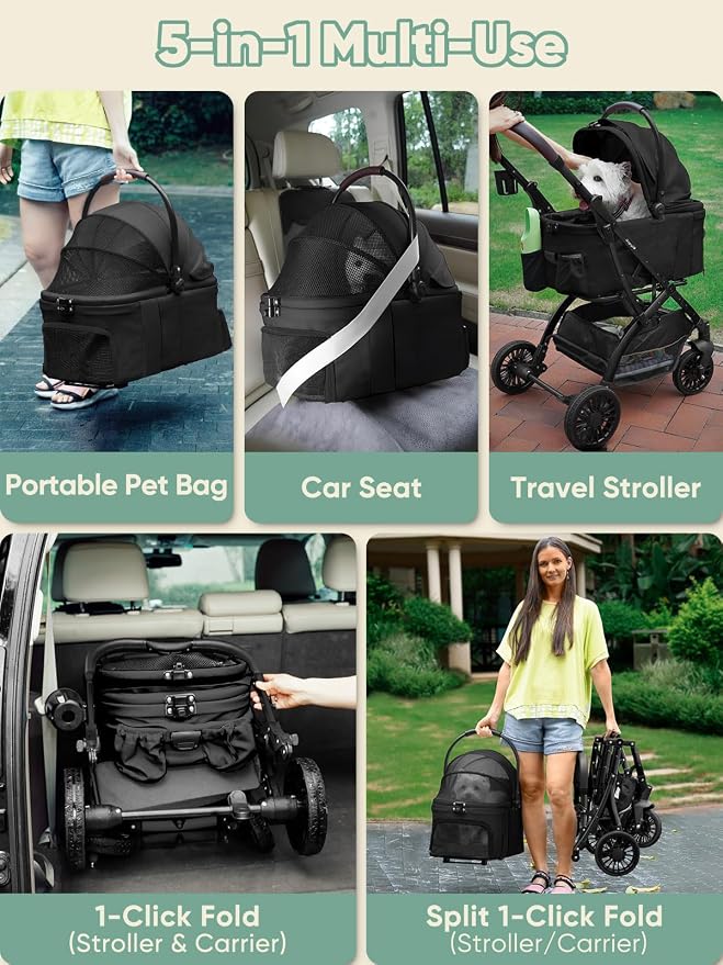 Small Dog Stroller, Pet Stroller for Small Dogs, 5-in-1 Dog Strollers - Fold All in One Without Detaching Carrier, Pet Strollers with Removable Waterproof Carrier for Dogs Cats 10 lbs 20 lbs, Black