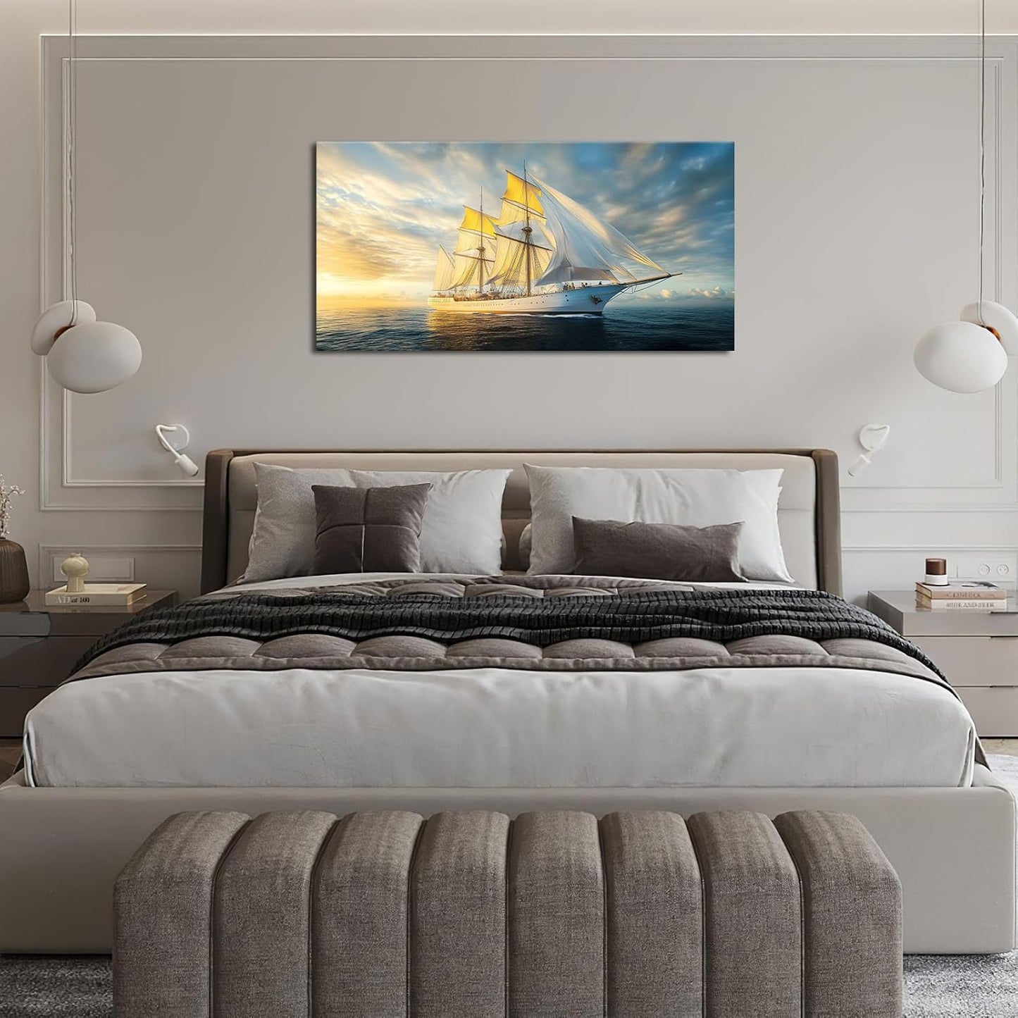 Nautical Ship Large Wall Art Sea Sailing Ship Sunrise Pictures Nature Seascape Wall Decor Canvas Print Painting Artwork for Bathroom Living Room Bedroom 30"x60"