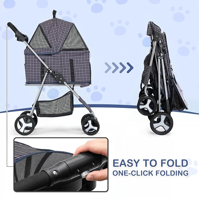 MoNiBloom 3 in 1 Foldable Pet Stroller for Small & Medium Dogs, Detachable Carrier, Car Seat, Push Button Entry, 4-Wheel Jogger for Pets up to 33 lbs, Plaid
