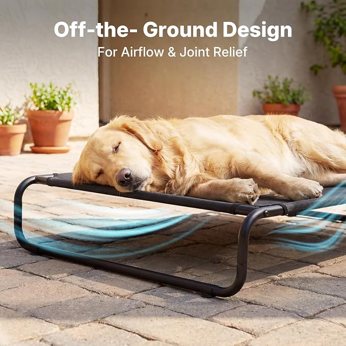 Veehoo Cooling Elevated Dog Bed, Outdoor Raised Dog Bed for Large Dogs | Dog Cot with Thickened Frame, Durable Teslin Mesh & Anti-Slip Rubber Feet, Pet Hammock for Indoor or Camping, 45", Black