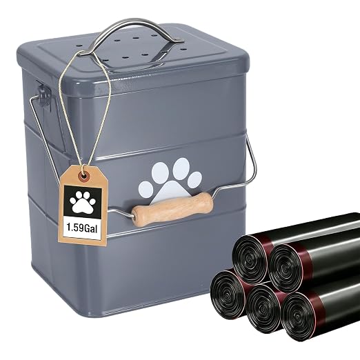 Small Dog Poop Trash Can Outside,1.5Gal/6L Metal Dog Waste Trash Can with Lid/Filter/Handle,Pet Waste Container Bucket with 75 Trash Bags-Gray
