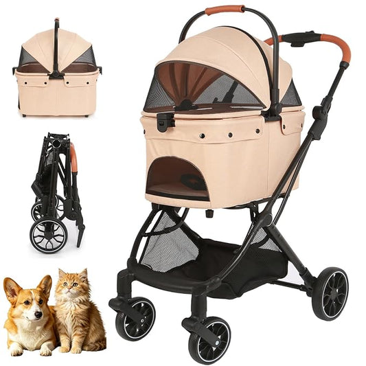 Pet Stroller for Small Dogs and Cats, Detachable Dog Cat Stroller with All-Terrain Shock Absorbing Wheels, One-Click Foldable Design, Adjustable Canopy (Khaki)