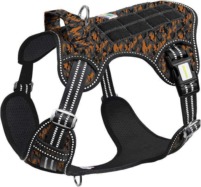 Homapet. Tactical Dog Harness with Dual Leash Attachment Points, Adjustable and Reflective Military Grade Dog Vest with Comfort Control Handle (ORNG BLK CAMO-L)