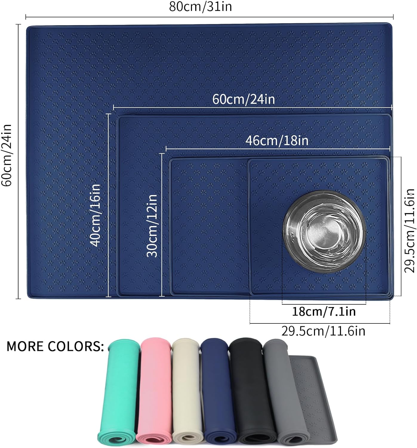 Ptlom Silicone Pet Placemat for Dog and Cat, Waterproof Anti-Slip Pet Feeding Bowl Mats for Food and Water, Small Medium Large Tray Mat Prevent Residues from Spilling to Floor, Navy Blue, 31.5" 23.6"