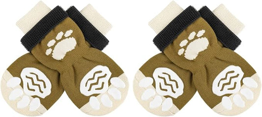PUPTECK Anti-Slip Dog Socks with Double Sides Grips for Small Medium Large Dogs Hardwood Floors Prevents Licking, Dog Shoes for Hot Pavement Traction Control Paw Protector for Senior Dogs, Brown S