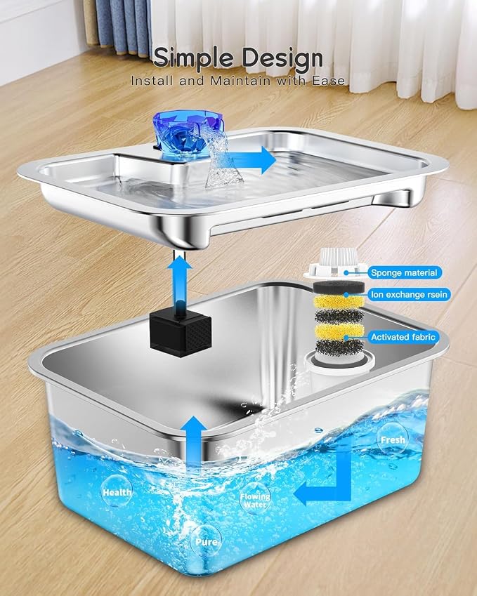 Stainless Steel Dog Water Fountain,3 Gallon Large Pet Water Fountains for Dogs and Cats, 11L /386oz Dog Water Bowl Dispenser w/Filter Drinking Bowls Indoor, Cat Founatin Quiet Pump, Easy to Use | 1.2 in deep drinking area, quiet pump, filtered flowing ...