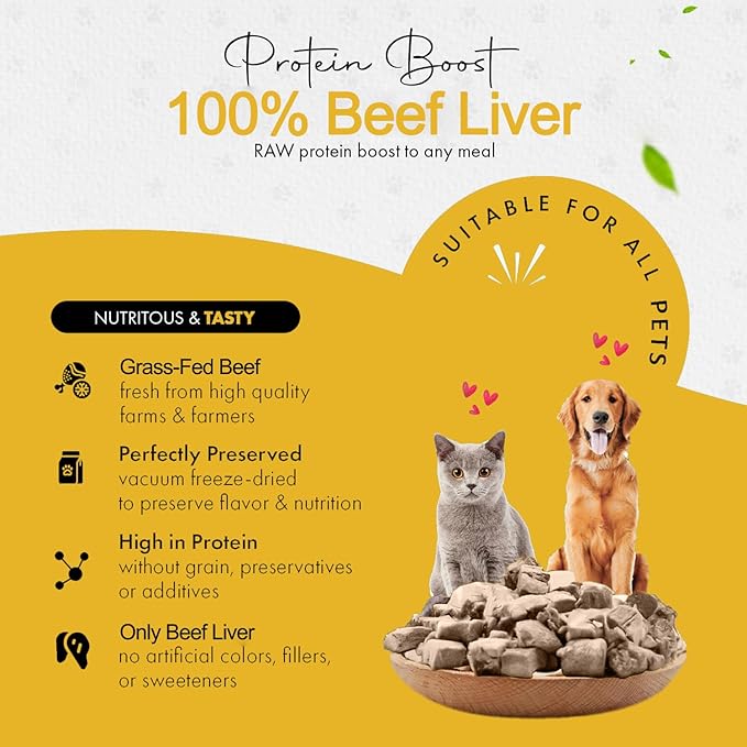 Freeze-Dried Raw Single Ingredient Dog Treats, Beef Liver, High Protein, Health Training Treats or Meal Topper for All Dogs, Grain-Free Inspected & Tested in USA 2.1oz