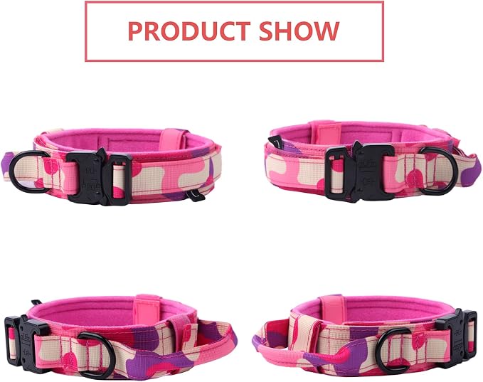 Tactical Dog Collar for Large Dogs with Control Handle,Pink Camo,S | 1000D Heavy-Duty Nylon Fabric,Quick-Release Metal Buckle,Adjustable Fit,Soft-Padded Webbing,D-Ring,for Training & Hiking