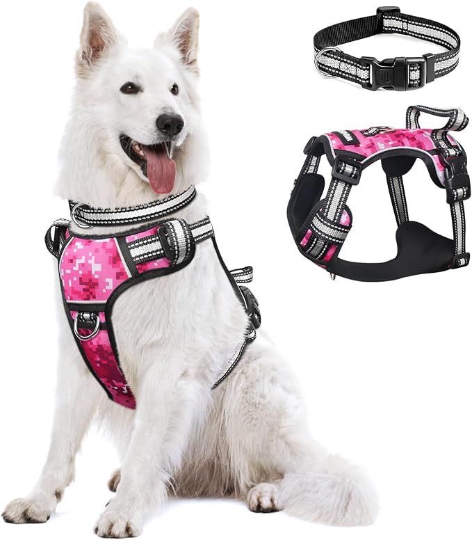 Dog Harness No Pull, Pet Harnesses with Dog Collar, Adjustable Reflective Oxford Outdoor Vest, Front/Back Leash Clips for Small, Medium, Large, Extra Large Dogs, Easy Control Handle for Walking