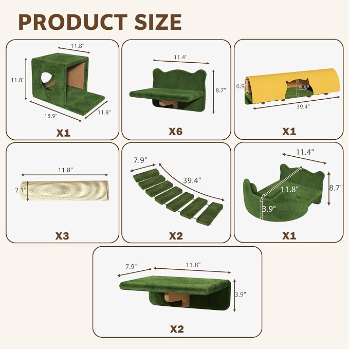 16-in-1 Cat Wall Shelves, Cat Furniture w/Tunnel & Bridge, Green | Wall Mounted Cats Shelf Set with Plush Fabric, Cat Climbing Wall Systems for 16 Inch Drywall, with Scratching Posts, Condos