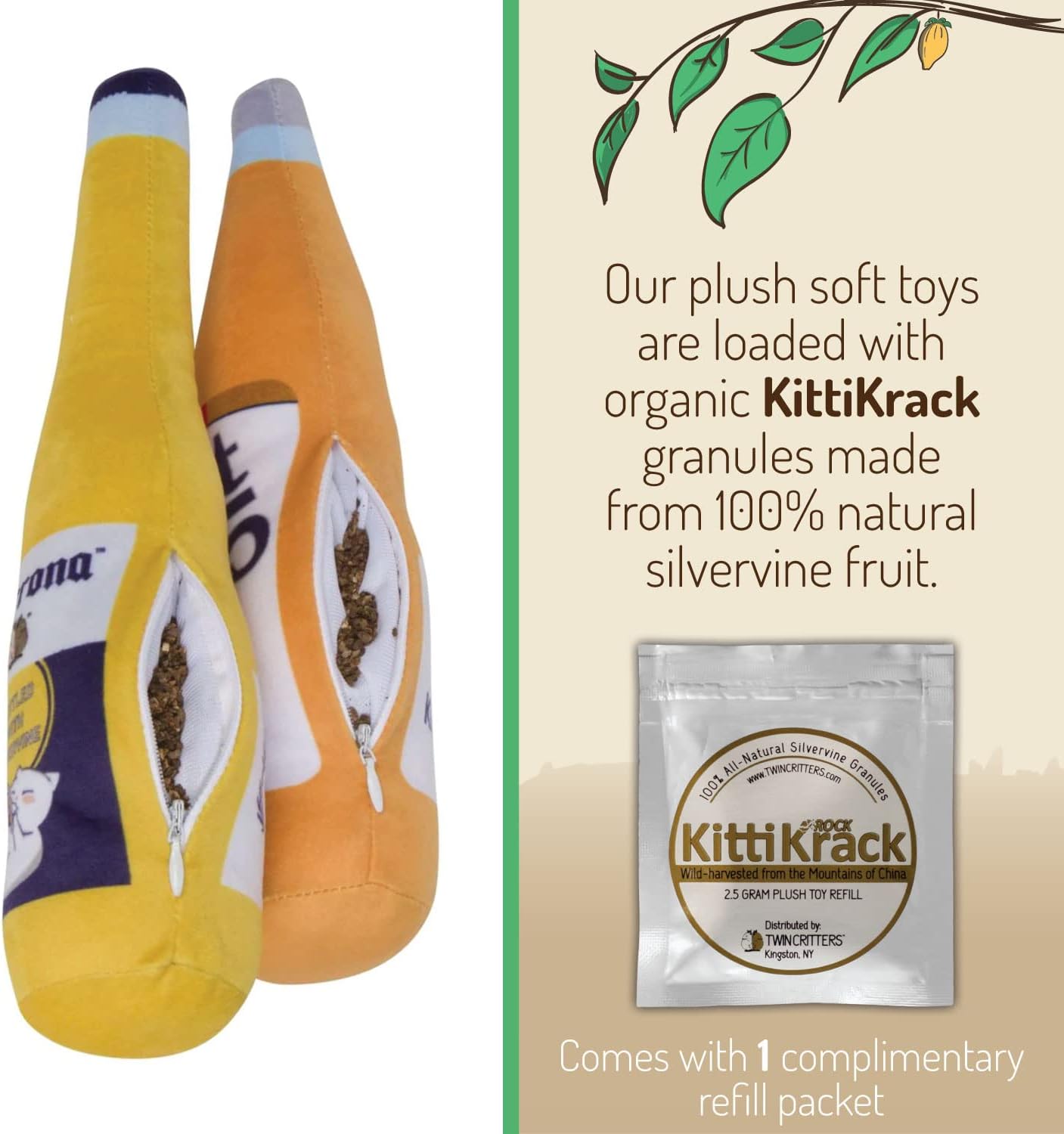KittiForti 2-Pack Organic Silvervine Catnip Substitute Toys for Cats & Kittens | 100% All-Natural Wild Harvested Silvervine | 2 Refillable Beer Bottle Kicker Cat Toys