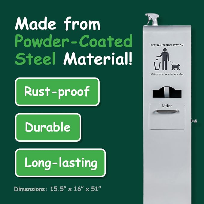 Indoor Pet Waste Station - 8ft Silver Steel Dog Waste Station - Includes a Built-In Dispenser with Lock & Storage, a Trash Receptacle, a Paper Towel Holder, and a Spray Bottle