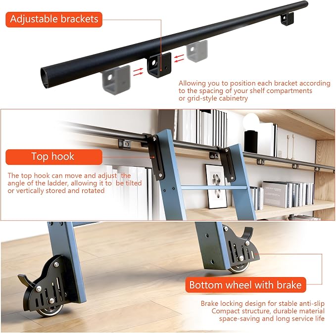 DIYHD 87" Rolling Library Ladder with Handrail, 4FT Sliding Rail, Blue | 7-Step lightweight ladder with space-saving upright storage, Telescopic top hooks, Locking bottom rollers, 300lbs capacity