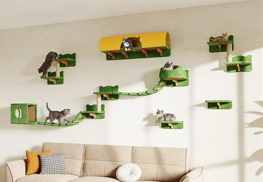16-in-1 Cat Wall Shelves, Cat Furniture w/Tunnel & Bridge, Green | Wall Mounted Cats Shelf Set with Plush Fabric, Cat Climbing Wall Systems for 16 Inch Drywall, with Scratching Posts, Condos