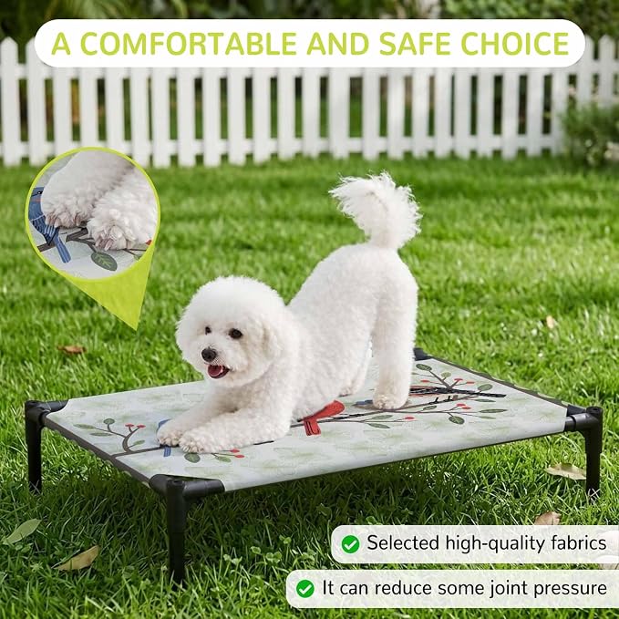 Outdoor Elevated Dog Bed for Large Dogs, Rustic Cardinal Bird Breathable Cooling Raised Dog Cot for Indoor/Outdoor, Green Leaves Branches Country Berries Waterproof Elevated Pet Beds, L 28 x 22 in