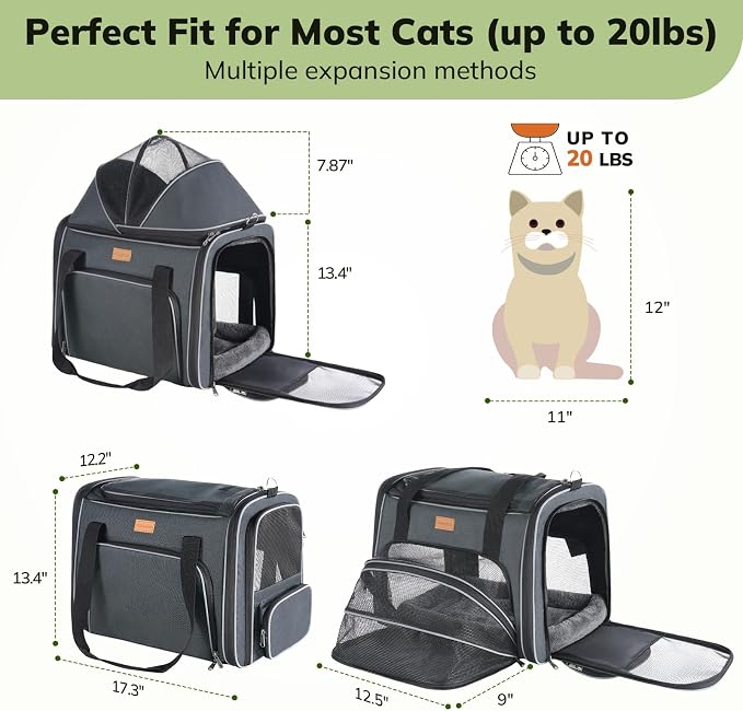 Morpilot Top and Side Expandable Cat Carrier, Airline Approved Collapsible Soft-Sided Pet Carrier for Medium/Large Cats and Puppies up to 20lbs for Car Rides and Vet Visits (Dark Gray)