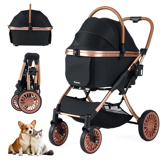 PETSITE 3-in-1 Pet Stroller for Small & Medium Sized Dogs, Foldable 4 Wheels Dog Stroller with Removable Carrier, Sun Shade, Removable Pad, Safety Belt, Storage Basket & Cup Holder
