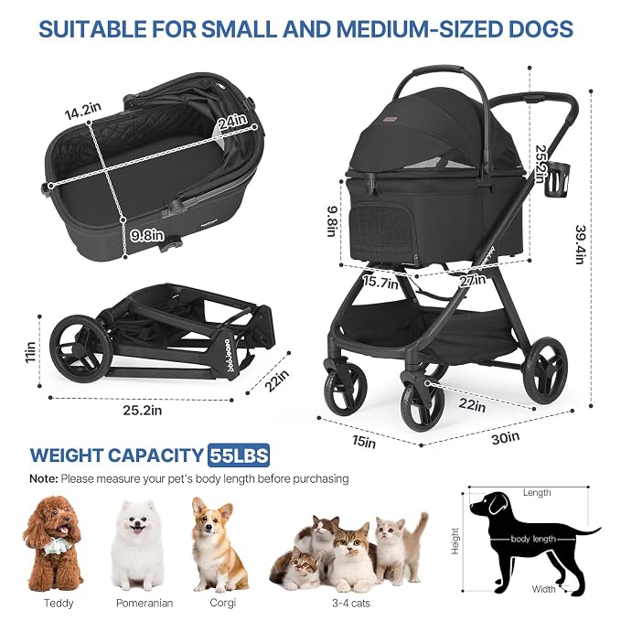 X-5 Pet Stroller for Medium Pets Up to 55 lbs, Black | Adjustable Handle, Detachable Carrier, Convertible Car Seat, One-Touch Fold, All-Terrain Wheels, 3-in-1 Design