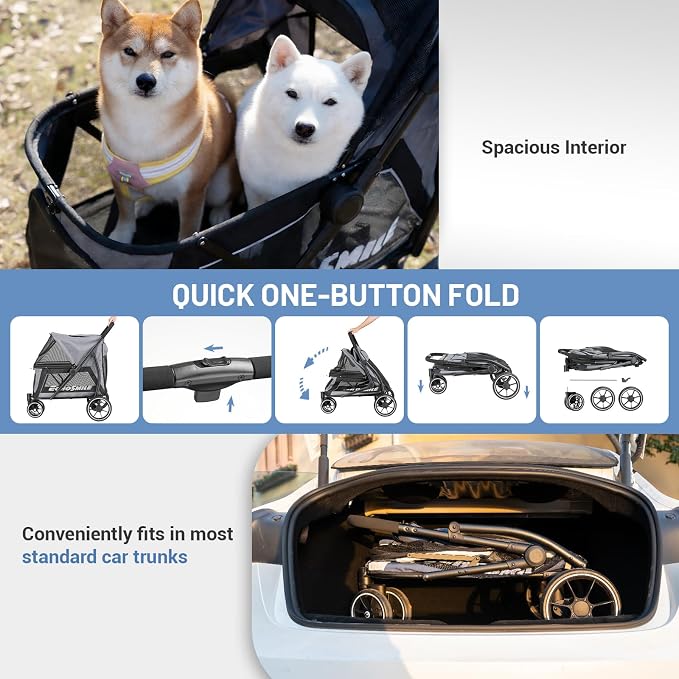 EchoSmile Dog Stroller for Medium & Small Dogs, Foldable Pet Stroller with 3 Wheels & Brakes, All-Terrain Cat Dog Carrier with Breathable Mesh, Safety Leash and Storage Pocket, Gray