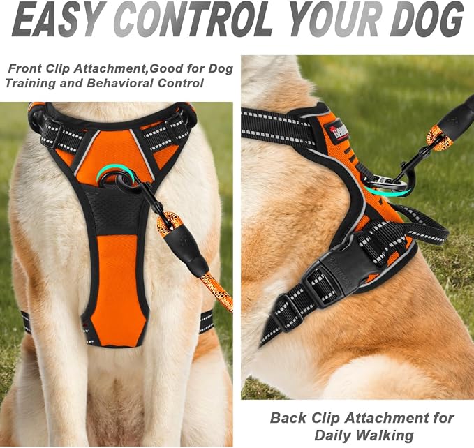 BARKBAY Dog Harness No Pull for Large Dogs Front Back Clips,Dog Vest | Soft Padded No Choke With Handle,Easy On&Off,Adjustable Reflective For Walking Training Running(Orange,XL)