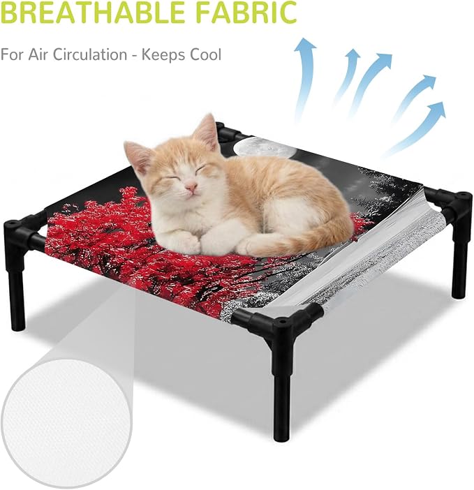 Outdoor Elevated Dog Bed for Small Dogs, Vibrant Red Tree Breathable Cooling Raised Dog Cot for Indoor/Outdoor, Glowing Moon Black Sky Waterproof Elevated Pet Beds, S 20 x 20 in