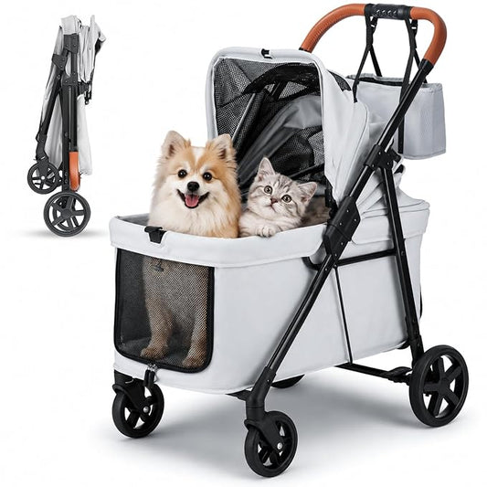 Dog Stroller for 2 Small Dogs or 1 Medium Pet, Low-Entry Design with Anti-Jump-Out, 600D Oxford Fabric, Up to 70 lbs,Grey