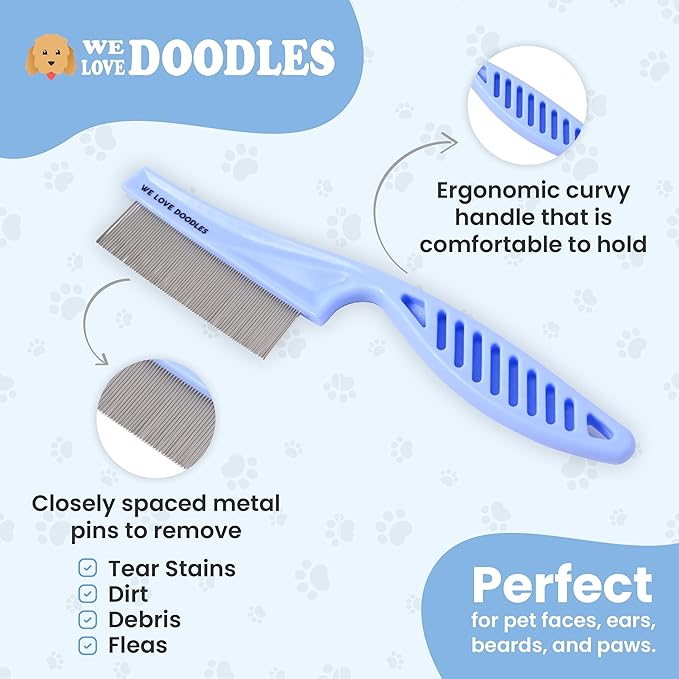 We Love Doodles Small Dog Face Grooming Comb and Small Slicker Brush Bundle - Tear Stain Remover For Dog Eye Boogers - Long Pin Brush For Dematting - Pet Eye Brush - Combs For Grooming - Made in USA